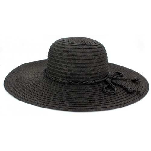 Wide Brim Hat - Straw Hat- Paper Straw Hat w/ Lace Band - Black - HT-ST1160BK